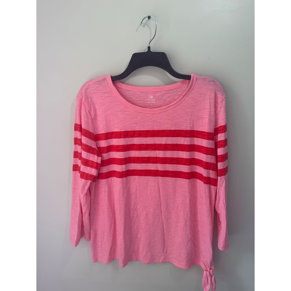 T by Talbots Pink Red Striped Side Tie Long Sleeve Top‎ Large VN5301